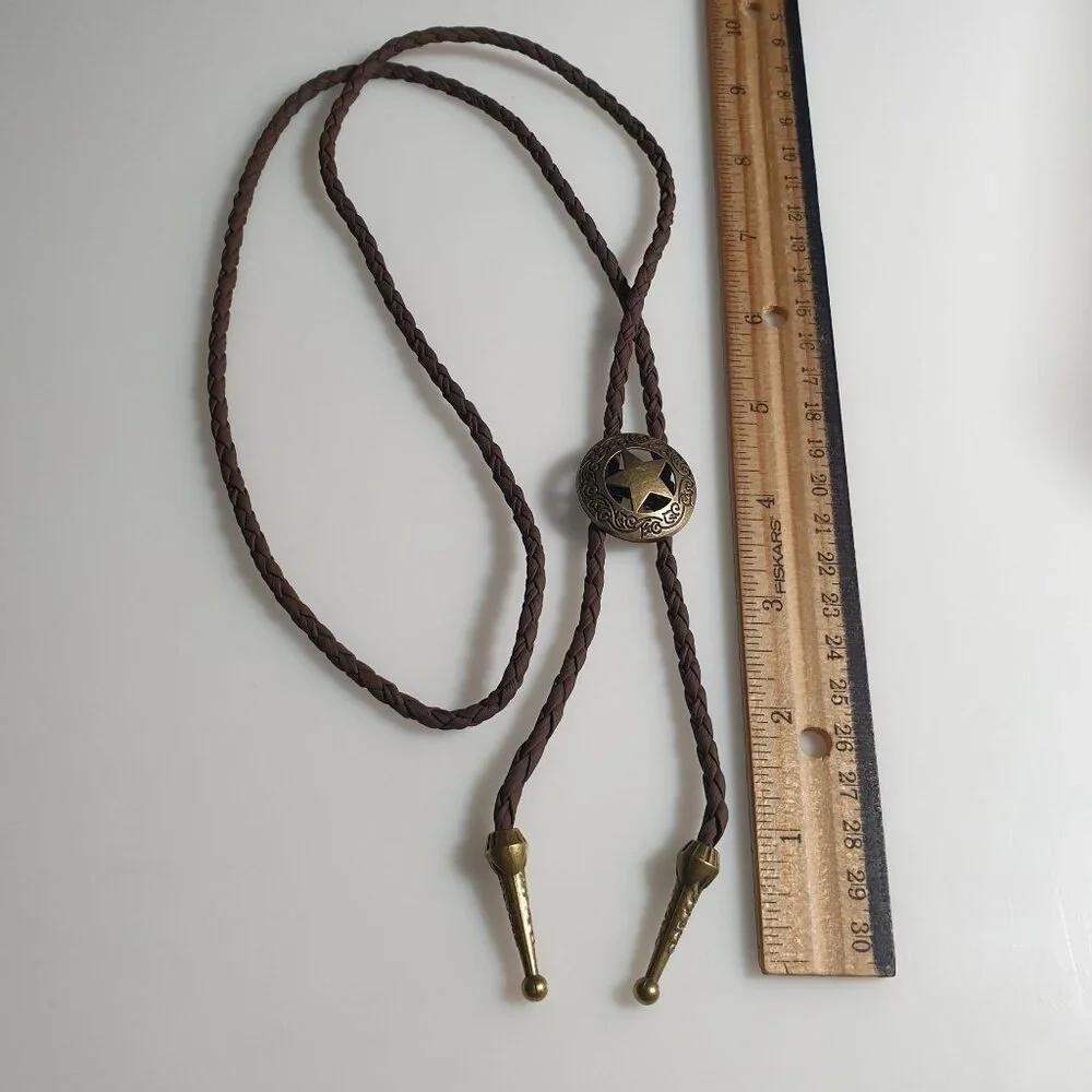 Bolo Braided Brown Necklace Men Women Sherriff Badge Pendant Western 40 In Gift - Picture 4 of 5